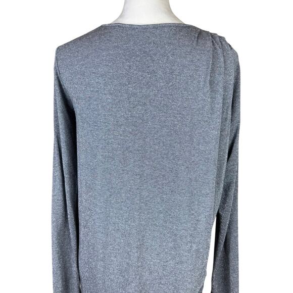 Lola & Sophie Gray Thin Knit Silver Metallic Long Sleeve Asymmetrical Fitted Top - Picture 8 of 12